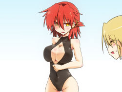 Rule 34 | 2girls, anger vein, blush, breasts, cleavage, cleavage cutout, clothing cutout, covered navel, cowboy shot, earrings, endevour (rokunichi), closed eyes, front zipper swimsuit, jewelry, large breasts, meme attire, multiple girls, one-piece swimsuit, open mouth, original, red hair, rokunichi, short hair, sweatdrop, swimsuit, yellow eyes