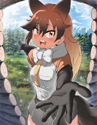 Rule 34 | 1girl, animal ears, black gloves, blush, bow, bowtie, brown hair, elbow gloves, extra ears, forest, fox ears, fox girl, fox tail, gloves, grey skirt, highres, kemono friends, log cabin, long hair, looking at viewer, mcgunngu, mountain, multicolored hair, nature, necktie, open mouth, orange eyes, orange hair, orange necktie, orange shirt, pleated skirt, pov, reaching, reaching towards viewer, red fox (kemono friends), shirt, short sleeves, skirt, solo, tail, two-tone shirt, white bow, white bowtie, white shirt