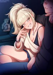 Rule 34 | 1girl, 2boys, blonde hair, boku no hero academia, bra, breasts, cleavage, crossed legs, large breasts, long hair, midoriya izuku, movie theater, multiple boys, necklace, neocoill, ponytail, skirt, skull necklace, smile, sweater, thighs, toga himiko, underwear, yellow eyes