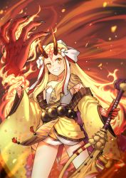 Rule 34 | 1girl, arm up, bare shoulders, blonde hair, collarbone, commentary request, facial mark, fate/grand order, fate (series), fire, forehead mark, grin, holding, holding sword, holding weapon, horns, ibaraki douji (fate), japanese clothes, kimono, long hair, long sleeves, niu illuminator, off shoulder, oni, oni horns, short kimono, smile, solo, standing, sword, uneven eyes, very long hair, weapon, wide sleeves, yellow eyes, yellow kimono