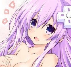 Rule 34 | 1girl, blush, breasts, cleavage, collarbone, d-pad, female focus, gift, hair ornament, heart, iwashi dorobou -r-, long hair, looking at viewer, medium breasts, nepgear, neptune (series), open mouth, purple eyes, purple hair, solo, spoken heart, topless frame, upper body
