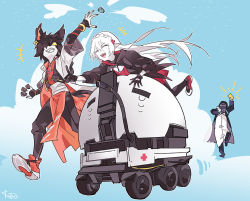 Rule 34 | +++, 1boy, 1girl, 1other, aak (arknights), animal ears, arknights, artist name, between fingers, black gloves, black hair, black jacket, black pants, black pantyhose, blouse, blue background, bracelet, cat boy, cat ears, chinese commentary, closed eyes, commentary request, doctor (arknights), dress, earrings, furry, furry male, gloves, grin, hair over one eye, holding, jacket, jewelry, korukun, lancet-2 (arknights), long hair, mask, open mouth, pants, pantyhose, pointing, pointy ears, red dress, red footwear, riding, running, shirt, shoes, short hair, smile, smoke grenade, tears, warfarin (arknights), warfarin (elite ii) (arknights), white hair, white jacket, white shirt