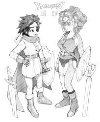 Rule 34 | 2girls, belt, blush, bracer, cape, character request, circlet, collarbone, copyright name, dragon quest, dragon quest iii, dragon quest iv, earrings, gloves, greyscale, hand on own hip, hatching (texture), highres, holding, holding shield, jewelry, looking at another, lower teeth only, making-of available, medium hair, monochrome, multiple girls, omaru gyuunyuu, parted lips, planted, planted sword, planted weapon, scabbard, scratches, sheath, shield, simple background, sketch, smile, standing, stud earrings, sword, teeth, thigh strap, tongue, unsheathed, weapon, white background