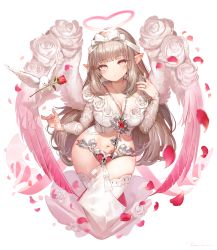 Rule 34 | 1girl, :o, angel, angel wings, bad id, bad pixiv id, bird, blunt bangs, blush, bow, breasts, brown hair, chain, chastity belt, cleavage, collarbone, commentary, crop top, dove, falling petals, feathered wings, fingernails, floral print, flower, gradient eyes, gradient wings, hair bow, twirling hair, halo, hand up, head tilt, heart, heart-shaped pupils, highres, jewelry, key, key necklace, keyhole, large breasts, long hair, long sleeves, looking at viewer, motion blur, multicolored eyes, multicolored wings, navel, necklace, original, petals, pink eyes, pink wings, pointy ears, red flower, red rose, ring, rose, rose petals, rose print, ryota (ry o ta), shirt, sidelocks, stomach, symbol-only commentary, symbol-shaped pupils, thighhighs, very long hair, white bow, white flower, white rose, white shirt, white thighhighs, white wings, wings, yellow eyes