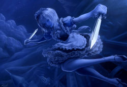 Rule 34 | 1girl, absurdres, alternate hairstyle, apron, artist name, blue theme, cloud, cloudy sky, dagger, dual wielding, dutch angle, facing viewer, floating, flying, foreshortening, frilled skirt, frills, high heels, highres, hill, holding, izayoi sakuya, knife, koshi (koshi vortex), lips, maid apron, maid headdress, monochrome, night, night sky, nose, parted lips, puffy short sleeves, puffy sleeves, scarlet devil mansion, short sleeves, signature, skirt, sky, socks, solo, star (sky), touhou, weapon