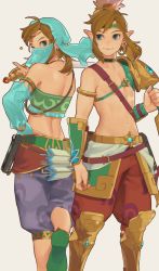 Rule 34 | 2boys, armor, belt, blonde hair, blue eyes, bow (weapon), collarbone, crossdressing, desert voe set (zelda), detached sleeves, dual persona, earrings, foot out of frame, gerudo set (zelda), highres, holding, holding bow (weapon), holding weapon, hoop earrings, ivy (sena0119), jewelry, link, male focus, midriff, mouth veil, multiple boys, navel, nintendo, official alternate costume, one eye closed, pointy ears, sheikah slate, smile, stomach, the legend of zelda, the legend of zelda: breath of the wild, trap, veil, weapon