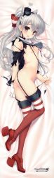 Rule 34 | 10s, 1girl, absurdres, amatsukaze (kancolle), ass, bed sheet, blush, boots, bottomless, breasts, brown eyes, dakimakura (medium), full body, garter straps, gloves, hairband, hat, high heel boots, high heels, highres, huge filesize, kantai collection, legs, looking at viewer, lying, mini hat, nipples, on side, open mouth, red thighhighs, santa matsuri, silver hair, single glove, small breasts, solo, suspenders, sweatdrop, thighhighs, torn clothes, twintails, two side up, white gloves