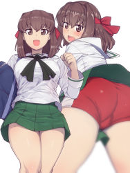 Rule 34 | 1girl, :d, ass, bag, black neckwear, bow, brown eyes, brown hair, girls und panzer, green skirt, hair bow, highres, kondou taeko, long sleeves, looking at viewer, onsen tamago (hs egg), ooarai school uniform, open mouth, red bow, red shorts, sailor collar, school uniform, shirt, short hair, shorts, simple background, skirt, smile, solo, thighs, white background, white sailor collar, white shirt