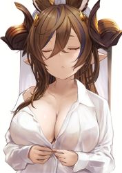 Rule 34 | 1girl, animal ears, breasts, brown hair, cleavage, closed eyes, collarbone, collared shirt, dress shirt, extra ears, galleon (granblue fantasy), granblue fantasy, horns, large breasts, long hair, long sleeves, multicolored hair, p answer, pointy ears, shirt, solo, streaked hair, swept bangs, white shirt