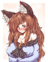 Rule 34 | 1girl, animal ears, bare shoulders, blush, breasts, brooch, brown hair, cleavage, collarbone, dress, covered erect nipples, fang, faux traditional media, female focus, highres, imaizumi kagerou, jewelry, large breasts, long hair, long sleeves, pink background, red eyes, simple background, solo, tareme, tears, touhou, trembling, upper body, wavy mouth, wolf ears, ziogon