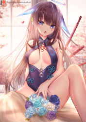 Rule 34 | 1girl, :o, bare shoulders, blue eyes, blue flower, blue rose, blush, bouquet, breasts, brown hair, china dress, chinese clothes, dress, fate/grand order, fate (series), flower, halo, long hair, looking at viewer, luminous, medium breasts, patreon username, purple dress, purple flower, purple rose, rose, sitting, solo, yang guifei (fate), yang guifei (third ascension) (fate)