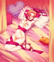 Rule 34 | 1girl, bad id, bad pixiv id, bandaid, bandaid on pussy, bandaids on nipples, bdsm, bed, bell, blurry, blush, bondage, bound, breasts, brown hair, collar, curtains, depth of field, frilled pillow, frills, hairband, heart, heart-shaped pillow, high heels, highres, honey, honeypot, jojo no kimyou na bouken, nervous, noriuma, nude, pasties, pillow, pot, red eyes, ribbon, sandals, sexually suggestive, short hair, small breasts, solo, spill, spoon, sugimoto reimi