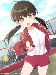 Rule 34 | 1girl, ball, brown hair, highres, open mouth, original, outdoors, playing sports, racket, solo, playing sports, tennis ball, tennis court, tennis racket, twintails, uramakaron