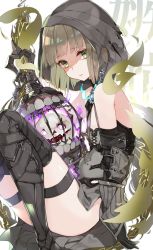 Rule 34 | 1boy, black gloves, blunt bangs, bob cut, boots, brown hair, cage, choker, closed mouth, corruption, dress, food, gloves, green eyes, green hair, gretel (sinoalice), hansel (sinoalice), highres, hood, hood up, legband, male focus, mcmcmococo, multicolored hair, pie, sad, simple background, sinoalice, smoke, thigh boots, thighhighs, trap, two-tone hair, white background