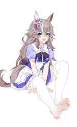 Rule 34 | 1girl, absurdres, animal ears, blush, bow, commentary request, ear covers, feet, gradient eyes, grey hair, hair between eyes, highres, horse ears, horse girl, horse tail, miraclemeteor, multicolored eyes, multicolored hair, no shoes, open mouth, puffy short sleeves, puffy sleeves, purple bow, purple shirt, school uniform, shirt, short sleeves, simple background, single ear cover, skirt, smile, soles, solo, streaked hair, summer uniform, tail, thick eyebrows, thighhighs, tracen school uniform, umamusume, white background, white hair, white thighhighs, wonder acute (umamusume)