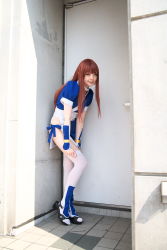 Rule 34 | 1girl, adjusting clothes, adjusting legwear, asian, breasts, cosplay, dead or alive, door, highres, kasumi (doa), kasumi (doa) (cosplay), long hair, looking at viewer, namada, outdoors, panties, pelvic curtain, photo (medium), red hair, sandals, side-tie panties, small breasts, smile, solo, tecmo, thighhighs, tile floor, tiles, underwear, white thighhighs