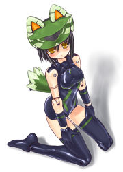 Rule 34 | 10s, 1girl, :&lt;, animal ears, bare shoulders, black footwear, black gloves, black hair, black thighhighs, blush, boots, busou shinki, covered navel, dd (ijigendd), doll joints, from above, from side, gloves, hair between eyes, hands on thighs, headgear, howling (busou shinki), joints, kneeling, leotard, looking at viewer, shadow, short hair, simple background, solo, tail, thigh boots, thighhighs, wolf ears, wolf tail, yellow eyes