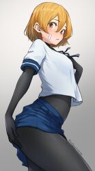 Rule 34 | 1girl, absurdres, bandaid, bandaid on cheek, bandaid on face, black bodysuit, blush, bodysuit, breasts, brown eyes, dated, grey background, hand on own ass, highres, kantai collection, medium breasts, oboro (kancolle), orange hair, parted lips, pleated skirt, sailor collar, school uniform, serafuku, short hair, simple background, skirt, solo, twitter username, umibudou