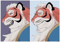 Rule 34 | 1boy, bara, beard, character request, crave saga, evil smile, facial hair, from side, furry, furry male, highres, huge eyebrows, male focus, mature male, multiple views, profile, red eyes, round eyewear, short hair, smile, thick eyebrows, tiger boy, unusually open eyes, usuki (usukine1go)