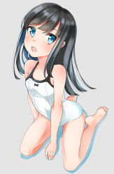 Rule 34 | 1girl, asashio (kancolle), bare legs, bare shoulders, barefoot, black hair, blue eyes, blush, breasts, casual one-piece swimsuit, collarbone, comah, commentary request, covered navel, full body, hair between eyes, hair over shoulder, highres, kantai collection, long hair, looking at viewer, one-piece swimsuit, open mouth, simple background, sitting, small breasts, solo, swimsuit, thighs, white one-piece swimsuit