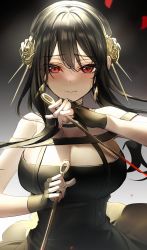 Rule 34 | 1girl, bare shoulders, black dress, black gloves, black hair, blush, breasts, cleavage, closed mouth, cropped, dress, earrings, gloves, gold hairband, hairband, highres, holding, holding weapon, jewelry, kawachi rin, large breasts, long hair, looking at viewer, red eyes, sidelocks, solo, spy x family, weapon, yor briar