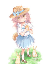 Rule 34 | 1girl, :o, alternate costume, animal, animal ears, bendy straw, blue bow, blue skirt, blush, bobby socks, bow, brown eyes, brown footwear, commentary request, cup, drinking glass, drinking straw, frilled skirt, frills, full body, hair between eyes, hat, hat bow, holding, holding cup, looking at viewer, original, parted lips, pink hair, rabbit, sailor collar, shirt, shoes, short sleeves, skirt, socks, solo, standing, tail, wataame27, white background, white sailor collar, white shirt, white socks, wolf-chan (wataame27), wolf ears, wolf girl, wolf tail