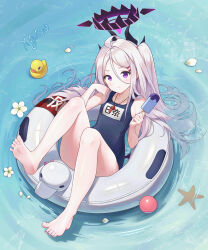 Rule 34 | 1girl, absurdres, afloat, ahoge, artist name, bare legs, barefoot, blue archive, blue one-piece swimsuit, collarbone, commentary request, demon girl, demon horns, demon wings, food, forehead, hair between eyes, hair ornament, hairclip, halo, highres, hina (blue archive), hina (swimsuit) (blue archive), holding, holding food, holding popsicle, horns, innertube, long hair, looking at viewer, name tag, ocean, official alternate costume, official alternate hairstyle, old school swimsuit, on innertube, one-piece swimsuit, one side up, outdoors, parted bangs, popsicle, purple eyes, rubber duck, school swimsuit, sidelocks, signature, soles, solo, swim ring, swimsuit, toes, wavy hair, white hair, wings, xgao