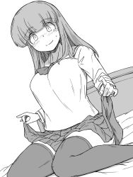 Rule 34 | 1girl, absurdres, bed, blouse, blunt bangs, blush, closed mouth, clothes lift, commentary, dutch angle, girls und panzer, greyscale, highres, lifted by self, light blush, long hair, long sleeves, looking at viewer, miniskirt, monochrome, neckerchief, on bed, ooarai school uniform, pleated skirt, renshiu, school uniform, serafuku, shirt, sitting, skirt, skirt lift, smile, solo, sweatdrop, takebe saori, thighhighs, wariza