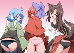 Rule 34 | 3girls, :d, animal ears, ass, back, bare shoulders, black panties, blue hair, blue panties, bow, brown hair, butt crack, cameltoe, cape, closed eyes, clothes lift, commission, dress, drill hair, fang, fins, grass root youkai network, green kimono, hair bow, head fins, heart, highres, honyaa (honya--1123), imaizumi kagerou, japanese clothes, kimono, lifted by self, long hair, long sleeves, looking at viewer, looking back, multiple girls, off-shoulder dress, off shoulder, one eye closed, open mouth, panties, pink panties, pixiv commission, purple bow, red cape, red eyes, red hair, red shirt, red skirt, sekibanki, shirt, short hair, skin fang, skirt, skirt lift, smile, tail, textless version, touhou, twin drills, underwear, wakasagihime, white dress, wolf ears, wolf girl, wolf tail