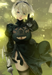Rule 34 | 1girl, absurdres, black dress, blue eyes, breasts, cleavage, cleavage cutout, clothing cutout, dress, feather-trimmed sleeves, highres, juliet sleeves, large breasts, long sleeves, looking at viewer, mole, mole under mouth, nier:automata, nier (series), outstretched arm, puffy sleeves, resolution mismatch, short hair, solo, source smaller, white hair, yd (orange maru), 2b (nier:automata)