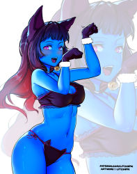 Rule 34 | 1girl, animal ears, bell, black bra, black gloves, black panties, blue skin, bra, breasts, cat cutout, cat ear panties, cat ears, cat lingerie, cleavage, clothing cutout, collar, colored skin, commentary, covered erect nipples, english commentary, fangs, fur trim, gloves, highres, hime cut, jingle bell, looking at viewer, medium breasts, meme attire, navel, neck bell, open mouth, original, panties, paw pose, pink eyes, purple hair, side-tie panties, skindentation, snortzog, solo, standing, stomach, underwear, underwear only, zoom layer