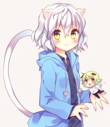 Rule 34 | 1boy, 1girl, :3, androgynous, animal ears, bad id, bad pixiv id, bell, blush, cat ears, cat tail, chibi, claws, collar, green hair, hood, hoodie, hunter x hunter, mini person, miniboy, neck bell, neferpitou, other focus, poooka, shaiapouf, short hair, silver hair, simple background, tail, wavy hair, yellow eyes