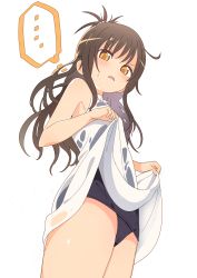 Rule 34 | ..., 1girl, absurdres, bare arms, bare shoulders, black one-piece swimsuit, blush, brown hair, clothes lift, commentary request, dress, dress lift, highres, lifting own clothes, long hair, looking at viewer, luke (dydansgur), old school swimsuit, one-piece swimsuit, orange eyes, parted lips, school swimsuit, see-through, simple background, sleeveless, sleeveless dress, solo, spoken ellipsis, sweat, swimsuit, swimsuit under clothes, to love-ru, v-shaped eyebrows, very long hair, wet, wet clothes, wet dress, white background, white dress, yuuki mikan