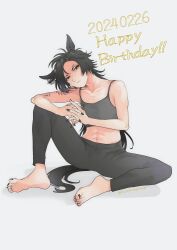 Rule 34 | 1girl, absurdres, air shakur (umamusume), animal ears, arm tattoo, bare shoulders, barefoot, black hair, black nails, closed mouth, commentary request, dated, eyebrow piercing, feet, flat chest, grey leggings, grey tank top, happy birthday, highres, horse ears, horse girl, horse tail, leggings, long hair, looking at viewer, midriff, nail polish, navel, on ground, piercing, ponytail, simple background, sitting, soles, solo, tail, takumi (wichiha), tank top, tattoo, toenail polish, toenails, toes, twitter username, umamusume, very long hair, white background, yellow eyes