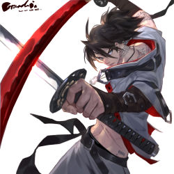 Rule 34 | 1boy, absurdres, arm tattoo, arm up, back tattoo, barcode, barcode tattoo, belt, belt buckle, black belt, black hair, buckle, cross, cross necklace, dual wielding, fingernails, grandia lee, green eyes, hair between eyes, highres, holding, holding sword, holding weapon, jacket, jewelry, katana, male focus, navel, neck tattoo, necklace, original, painttool sai (medium), parted lips, ponytail, scar, scar on stomach, signature, simple background, solo, sword, tattoo, weapon, white background, white jacket