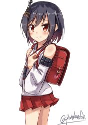 Rule 34 | 10s, 1girl, aged down, artist name, backpack, bad id, bad nicoseiga id, bag, black hair, blush, detached sleeves, highres, japanese clothes, kantai collection, looking at viewer, miniskirt, nontraditional miko, p.k.f, pleated skirt, randoseru, red eyes, short hair, shy, signature, skirt, solo, yamashiro (kancolle)