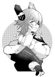 Rule 34 | 1girl, breast pocket, checkered necktie, eyepatch, fur-trimmed jacket, fur trim, gloves, greyscale, headgear, higaragi, highres, jacket, kantai collection, looking at viewer, looking back, medium hair, monochrome, necktie, partially fingerless gloves, pocket, shirt, skirt, sleeveless, sleeveless shirt, smile, solo, spiked hair, tenryuu (kancolle), tenryuu kai ni (kancolle), upper body, white background