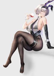 Rule 34 | 1girl, absurdres, alcohol, animal ears, arm strap, arm support, ass, azur lane, bare shoulders, black bow, black bowtie, black bra, black gloves, black hairband, black leotard, black pantyhose, bow, bowtie, bra, bra visible through clothes, breasts, collarbone, collared shirt, commentary request, crop top, crossed legs, cup, drinking glass, elbow gloves, facing to the side, fake animal ears, full body, gloves, grey hair, groin, hair between eyes, hairband, highres, holding, holding cup, invisible chair, large breasts, leotard, long sleeves, looking at viewer, looking to the side, low ponytail, metal gloves, mippei, nail polish, necktie, no shoes, official alternate costume, pantyhose, parted hair, parted lips, partial commentary, playboy bunny, pouring, pouring onto self, purple eyes, rabbit ears, reno (azur lane), reno (reno bunnino) (azur lane), see-through, see-through shirt, shadow, shirt, sideboob, sidelocks, simple background, single elbow glove, sitting, skindentation, sleeveless, sleeveless shirt, solo, thigh strap, underwear, white nails, white shirt, wine, wine glass, wrist cuffs