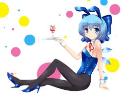 Rule 34 | 1girl, animal ears, bare shoulders, black pantyhose, blue eyes, blue hair, bow, bowtie, cirno, cup, detached collar, fake animal ears, far far, hair bow, high heels, highres, ice, ice wings, leotard, matching hair/eyes, pantyhose, playboy bunny, rabbit ears, ribbon, shoes, short hair, sitting, smile, solo, touhou, tray, wings