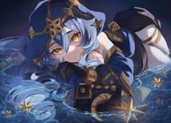 Rule 34 | 1girl, :t, bare shoulders, black gloves, blue hair, blue hood, blue sleeves, bright pupils, claw ring, closed mouth, detached sleeves, genshin impact, gloves, gold trim, hair between eyes, highres, hood, hood up, layla (genshin impact), looking at viewer, lying, lying on water, naruka (ynarukay), on side, pants, pointy ears, ripples, solo, star (symbol), starry background, thighlet, thighs, water, white pants, white pupils, yellow eyes