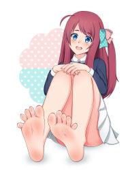Rule 34 | 10s, 1girl, barefoot, bow, feet, female focus, green eyes, hair bow, hands on own knees, long hair, looking at viewer, lululewd, minamoto sakura, open mouth, red hair, sitting, skirt, smile, soles, solo, toes, zombie land saga