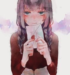 Rule 34 | 1girl, blue eyes, blush, braid, brown hair, closed mouth, envelope, holding, holding envelope, letter, long hair, long sleeves, looking at viewer, love letter, original, painting (medium), shirt, simple background, solo, srnmomo, sweat, traditional media, twin braids, upper body, watercolor (medium)