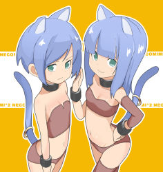 Rule 34 | 2girls, animal ears, aqua eyes, bad id, bad pixiv id, blue eyes, blue hair, breasts, cat ears, cat tail, child, cleavage, flat chest, from above, hand on own hip, light purple hair, midriff, multiple girls, navel, original, small breasts, smile, tail, tamakorogashi, thighhighs