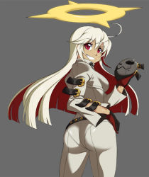 Rule 34 | 1girl, ahoge, ankh, arc system works, ass, belt, belt skirt, bodysuit, breasts, buckle, chuunioniika, spiked halo, cowboy shot, flipped hair, from behind, gloves, grey background, grin, guilty gear, guilty gear xrd, guilty gear xrd: revelator, hair between eyes, halo, hand on own hip, holding, holding mask, jack-o&#039; valentine, long hair, looking at viewer, looking back, mask, unworn mask, multicolored hair, pantylines, pink eyes, red eyes, red hair, simple background, smile, solo, standing, strap, studded belt, tan, turtleneck, two-tone hair, white hair