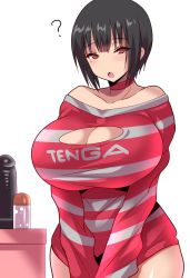 Rule 34 | 1girl, ?, bare shoulders, black hair, blouse, bob cut, breasts, brown hair, cleavage, cleavage cutout, clothing cutout, commentary request, cowboy shot, half-closed eyes, highres, huge breasts, konno tohiro, looking at viewer, mole, mole under eye, no pants, off-shoulder shirt, off shoulder, original, shirt, short hair, simple background, solo, striped clothes, striped shirt, v arms, white background