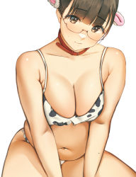 Rule 34 | 1girl, 2021, animal collar, animal ears, animal print, belly, bikini, black hair, blush, breasts, brown eyes, chinese zodiac, cleavage, collar, commentary, cow ears, cow print, english commentary, fake animal ears, glasses, grayfox, head tilt, highres, large breasts, looking at viewer, mole, mole above mouth, mole on arm, muffin top, multiple moles, navel, nose blush, photo-referenced, plump, print bikini, real life, red collar, semi-rimless eyewear, short hair, skindentation, solo, swimsuit, thick thighs, thighs, under-rim eyewear, v arms, very short hair, white background, year of the ox