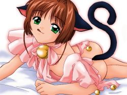 Rule 34 | 1990s (style), 1girl, :q, animal ears, bell, brown hair, cardcaptor sakura, cat ears, cat tail, green eyes, jingle bell, kinomoto sakura, looking at viewer, retro artstyle, short hair, simple background, smile, solo, tail, tongue, tongue out, white background