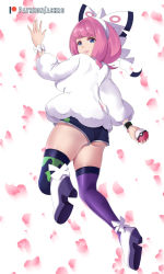 Rule 34 | 1girl, achromaru, ass, boots, bow, coat, creatures (company), from behind, fur coat, game freak, hair bow, holding, holding poke ball, jacket, klara (pokemon), long hair, looking at viewer, looking back, nintendo, pink hair, poke ball, poke ball (basic), pokemon, pokemon swsh, purple eyes, shiny skin, short shorts, shorts, smile, solo, thighhighs