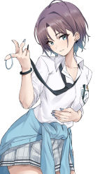Rule 34 | 1girl, ahoge, aqua eyes, asakura toru, blue hair, blue nails, breast pocket, clothes around waist, collarbone, collared shirt, commentary request, cowboy shot, earrings, fingernails, gradient hair, grey skirt, hand on own stomach, head tilt, highres, holding, hotate-chan, idolmaster, idolmaster shiny colors, jewelry, long fingernails, looking at viewer, miniskirt, multicolored hair, nail polish, parted bangs, parted lips, pen, plaid, plaid skirt, pleated skirt, pocket, pointing, pointing at viewer, purple hair, shirt, short hair, short sleeves, simple background, skirt, smile, solo, white background, white shirt, wristband