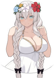 Rule 34 | 1girl, anastasia (fate), anastasia (swimsuit archer) (fate), anastasia (swimsuit archer) (second ascension) (fate), bare shoulders, blue eyes, blush, bow, braid, breasts, cleavage, collarbone, dress, dress swimsuit, fate/grand order, fate (series), flower wreath, hair bow, hair over one eye, head wreath, large breasts, long hair, looking at viewer, shiseki hirame, smile, solo, twin braids, very long hair, white dress, white hair